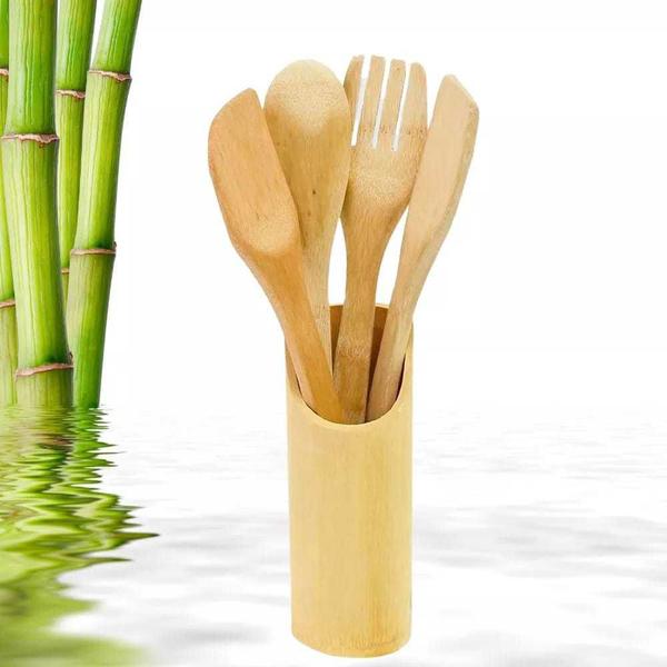 Imagem de Kit 4 talheres de bambu com suporte para cozinha básico