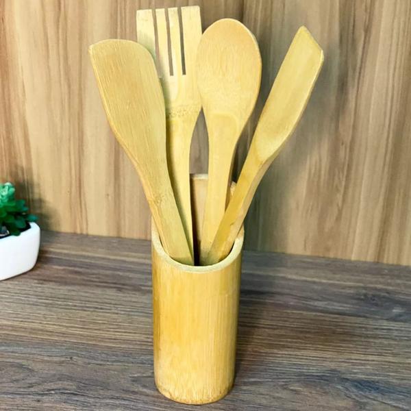 Imagem de Kit 4 talheres de bambu com suporte para cozinha básico