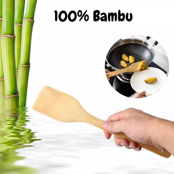 Imagem de Kit 4 talheres de bambu com suporte para cozinha básicos