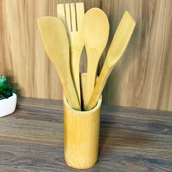 Imagem de Kit 4 talheres de bambu com suporte para cozinha prático