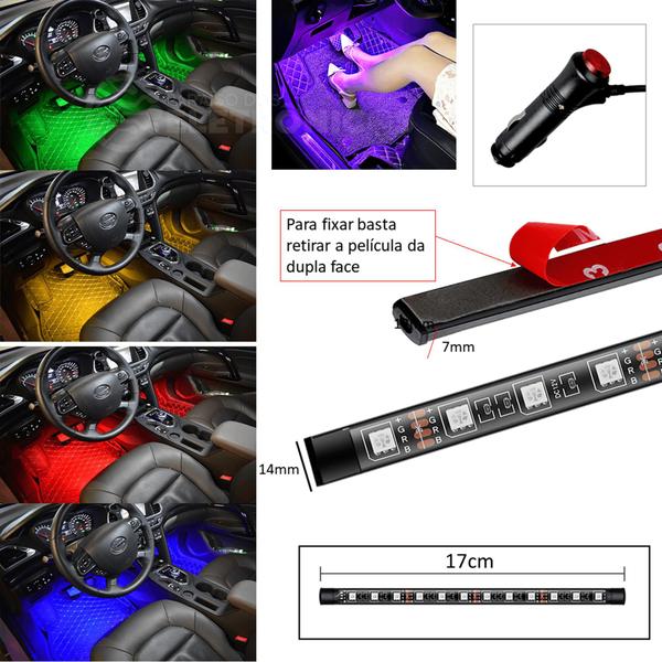 Imagem de Kit 4 Tira Led Interior Do Carro Rgb Luzes 5050 De Led Com Controle LEDVLX