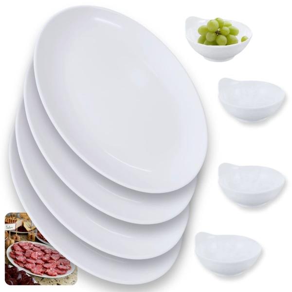 Imagem de Kit 4 Travessas 33 Cm Prato Oval + 4 Tigelas Molheira 150 Ml em Melamina Branca Restaurante Buffet Profissional  Bestfer 