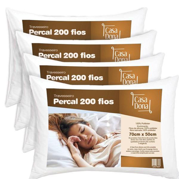 Kit 4 Travesseiros Percal 200 Fios Fibra Siliconizada Antialérgico 70 X 50cm Casa Dona Kit 4 Travesseiros Percal 200 Fios Fibra Siliconizada Antialérgico 70 X 50cm Casa Dona