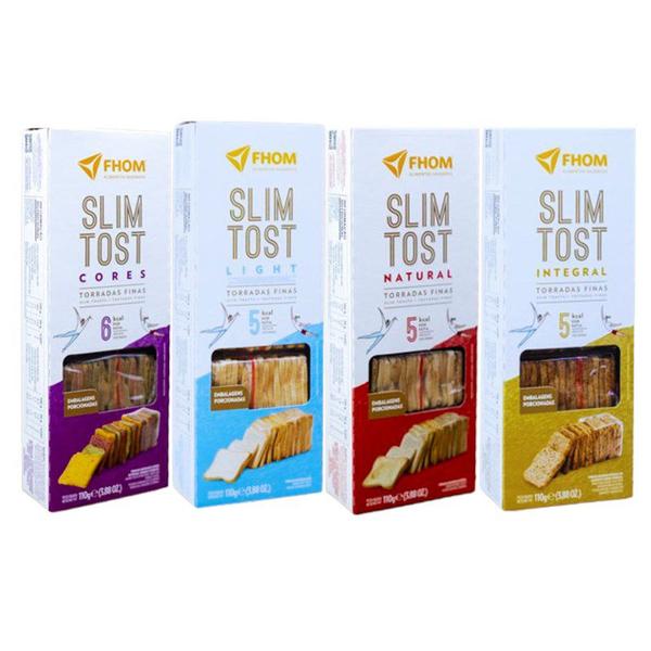 Kit 4 unid Torrada Slim Tost 4 sabores Vegano Caixa FHOM Imagem de Kit 4 unid Torrada Slim Tost 4 sabores Vegano Caixa FHOM