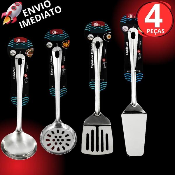 Imagem de Kit 4 Utensílio Cozinha Inox Escumadeira Espátula Vazada Espátula Bolo e Concha Linha Recife Premium