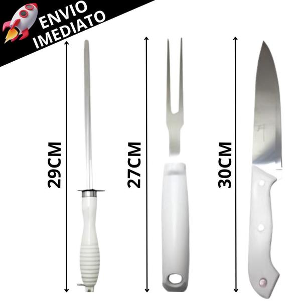 Imagem de Kit 4 Utensílio Para Churrasco Faca Inox Chaira Garfo Inox e Afiador Resistente em Inox