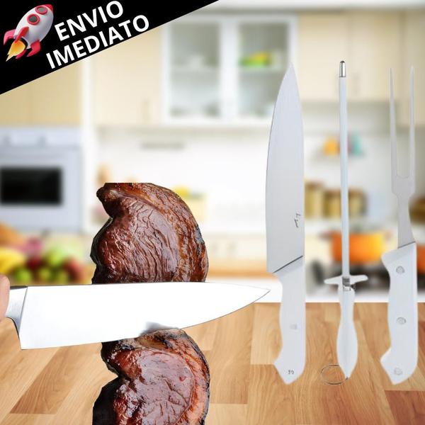 Imagem de Kit 4 Utensílio Para Churrasco Faca Inox Chaira Garfo Inox e Afiador Resistente em Inox