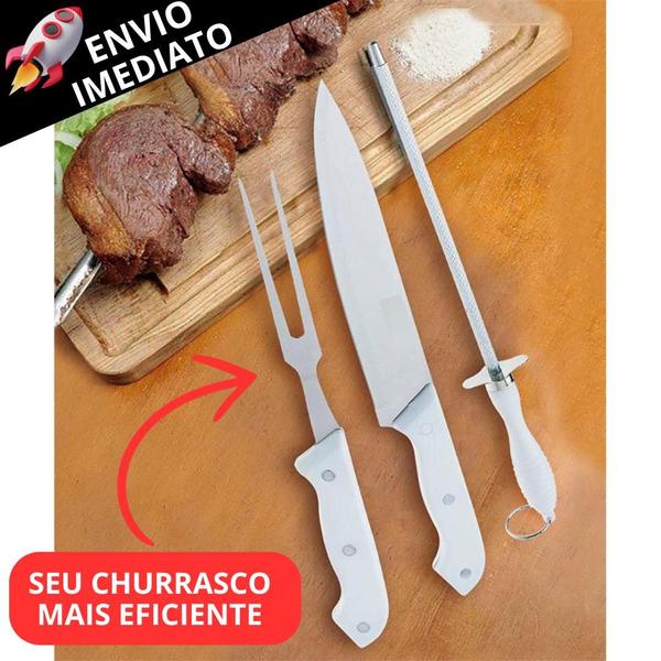 Imagem de Kit 4 Utensílio Para Churrasco Faca Inox Chaira Garfo Inox e Afiador Resistente em Inox