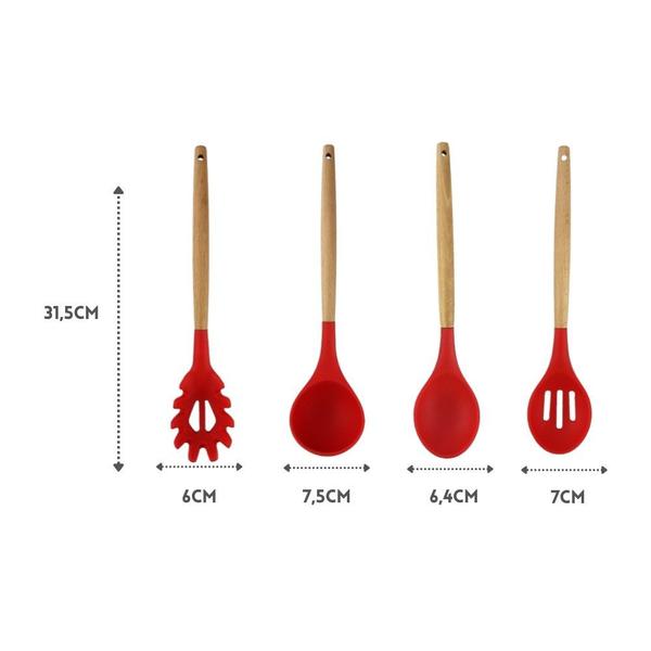 Imagem de Kit 4 Utensílios Cozinha Em Silicone Vermelho Cabo Madeira