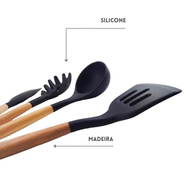 Imagem de Kit 4 Utensílios de Cozinha Em Silicone Preto e Cabo Madeira