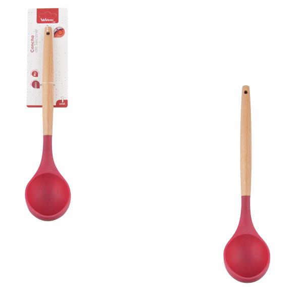 Imagem de Kit 4 Utensílios De Silicone Cabo Madeira Colher Concha Espátula Massas Vermelho