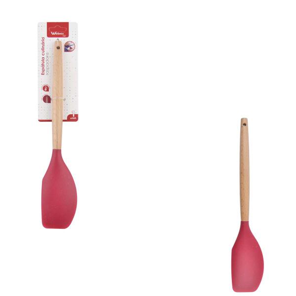 Imagem de Kit 4 Utensílios De Silicone Cabo Madeira Vermelho e Suporte Rose MIX