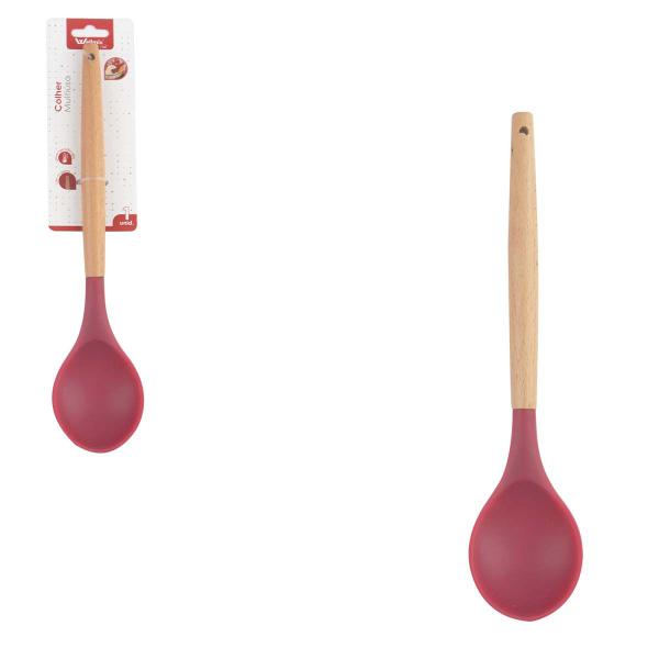 Imagem de Kit 4 Utensílios De Silicone Cabo Madeira Vermelho e Suporte Rose MIX