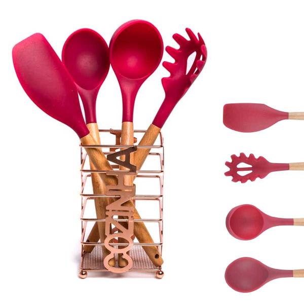 Imagem de Kit 4 Utensílios De Silicone Cabo Madeira Vermelho e Suporte Rose MIX