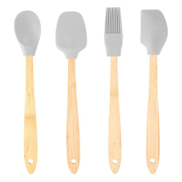 Imagem de Kit 4 Utensílios de Silicone Cinza Cabo Bambu Lyor Espátula