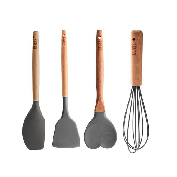 Imagem de Kit 4 Utensílios Espátula Batedor Confeitar Bambu Silicone