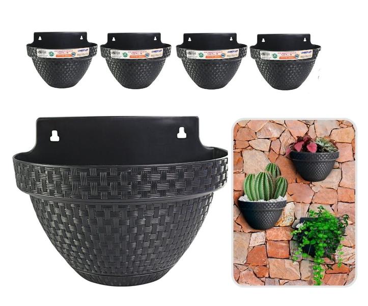 Imagem de Kit 4 Vaso de Parede Meia Lua Rattan Jardim Preto 3 Litros