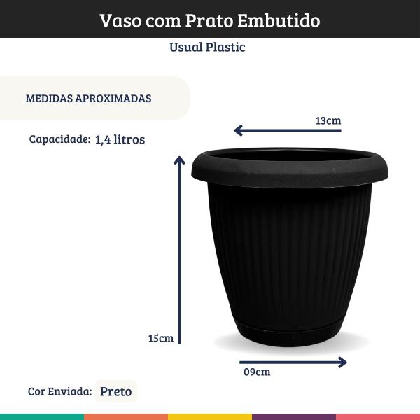 Imagem de Kit 4 Vasos com Prato Embutido Preto Sistema Anti Dengue