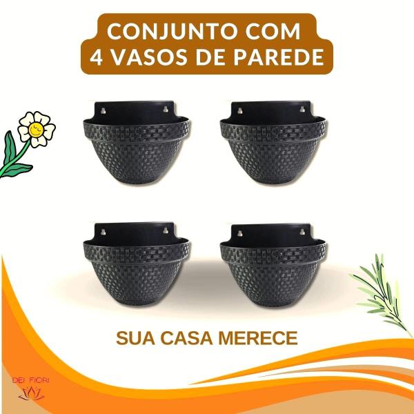 Imagem de Kit 4 Vasos Parede Meia Lua Herbario Flores Anti-Dengue Plantas Suculentas 3Lts Ervas Aromaticas Preto Resistente