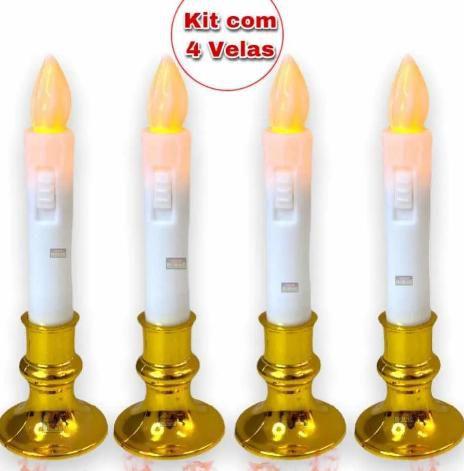 Imagem de Kit 4 Velas Fina De Led Eletrônica A Bateria Combo + Castiçais