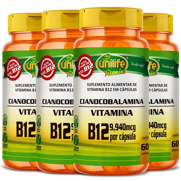 Imagem de KIT 4 VITAMINA B12 CIANOCOBALAMINA 60 Cáps 450mg UNILIFE