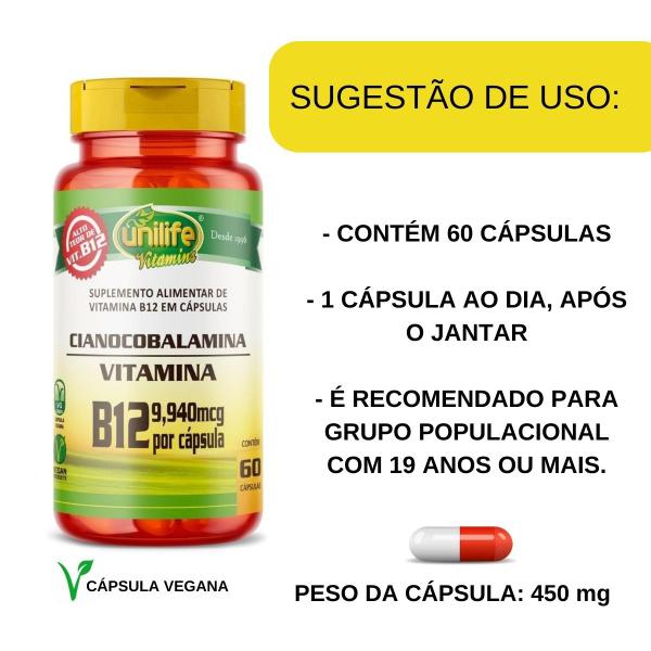 Imagem de Kit 4 Vitamina B12 Cianocobalamina, total de 240 Cápsulas 450mg Vegano - Unilife