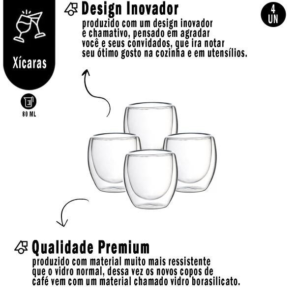 Imagem de Kit 4 Xícaras de Café Sem Alça Parede Dupla Camada de Vidro Borossilicato Cappuccino Café Chá Bar 80mL