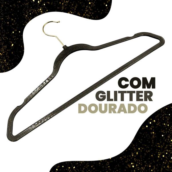 Kit 40 Cabides Acrílico Preto com Glitter e Gancho Dourados - ARBORETHO Imagem de Kit 40 Cabides Acrílico Preto com Glitter e Gancho Dourados