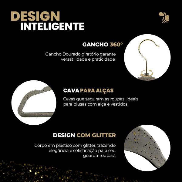 Kit 40 Cabides Acrílico Preto com Glitter e Gancho Dourados - ARBORETHO Imagem de Kit 40 Cabides Acrílico Preto com Glitter e Gancho Dourados