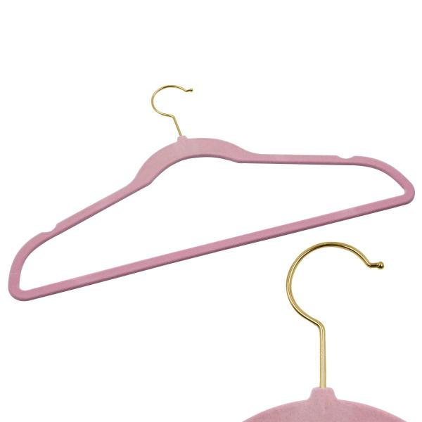 Imagem de Kit 40 Cabides Veludo Rosa e Gancho Dourado Antideslizantes