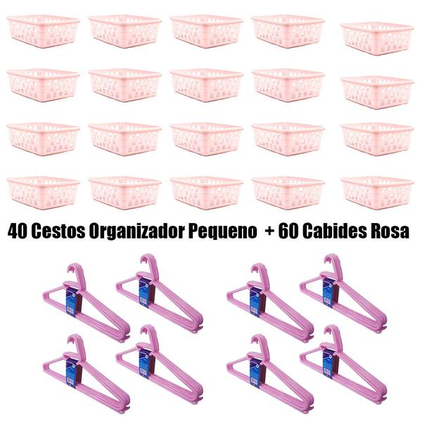 Imagem de Kit 40 Cestos Organizador Pequeno 16x12x6Cm+60 Cabides Rosa