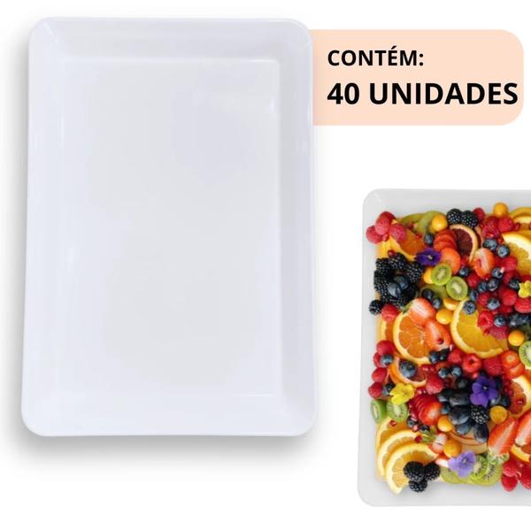 Imagem de Kit 40 Travessas 30 Cm Prato Retangular para Buffet Restaurante Melamina Premium Profissional Branca  Bestfer 