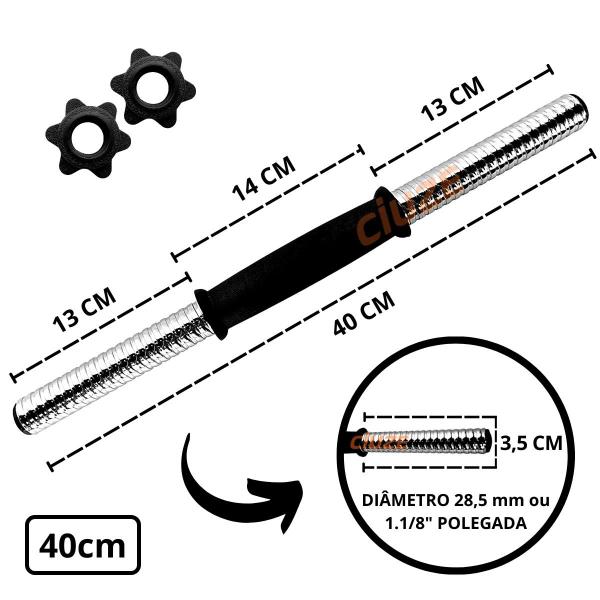 Imagem de Kit 40Kg Anilhas Emborrachadas com 1 Barra 1,50m e 2 Barras com Rosca 0,40cm