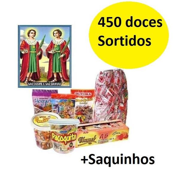 Imagem de Kit 450 doces c/8 Itens variados + saquinhos Cosme e Damião