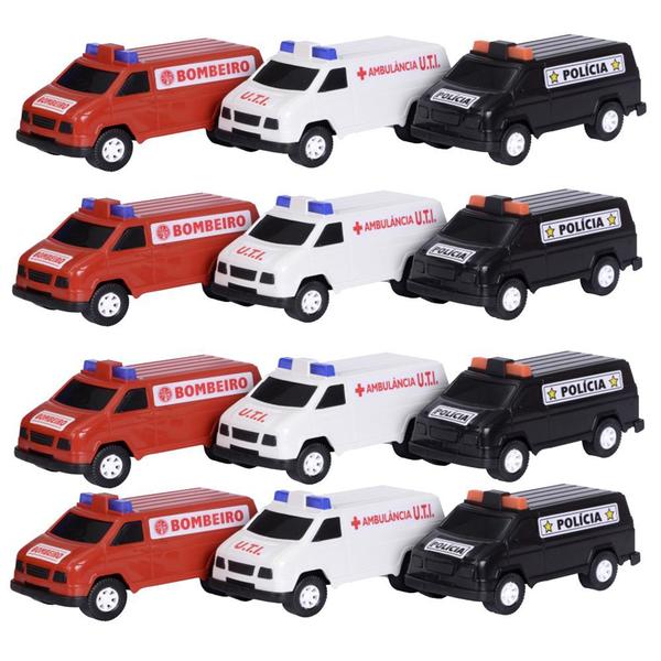 Imagem de Kit 48 Carros Carrinho Furgão Brinquedo Polícia Bombeiro Ambulância Doação Atacado