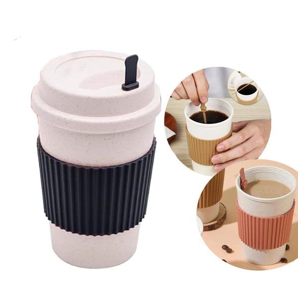 Imagem de Kit 48 Copos de Café e Chá 450ml com Tampa Mexedor Fibra de Bambu PP Sortido Lyor