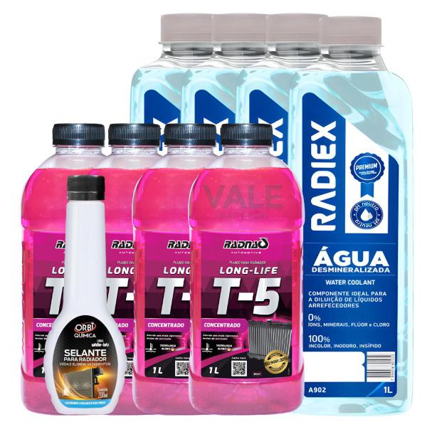 Imagem de Kit 4L Aditivos Radiador RadnaQ T-5 Rosa Concentrado + 4L Água Desmineralizada Radiex + 1 Selante De Radiador 200ml Orbi