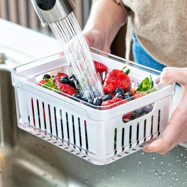 Imagem de Kit 4pc Organizador De Geladeira 2,2L Com Tampa e Cesto Escorredor Legumes Frutas Verduras Acrílico