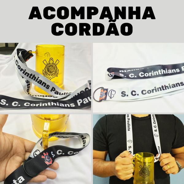 Imagem de Kit 4Un Caneca Copo Gel 300ml + Cordão 65cm Isolante Térmico Chopp Cerveja Corinthians Série Ouro