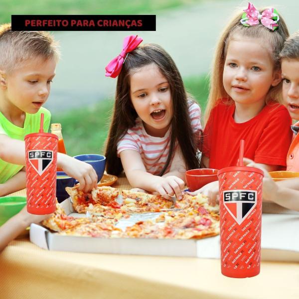 Imagem de Kit 4Un Copo Plástico Vermelho C/ Tampa + Canudo 500ml Infantil Criança Time São Paulo Oficial