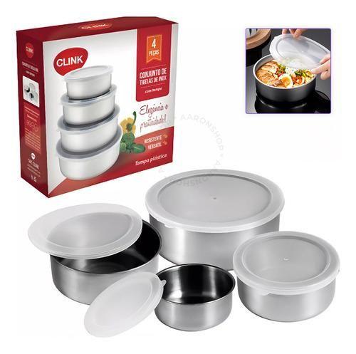 Kit 4un Tigelas Aço Inox C/ Tampa Potes p/ guardar alimentos - Clink Imagem de Kit 4un Tigelas Aço Inox C/ Tampa Potes p/ guardar alimentos