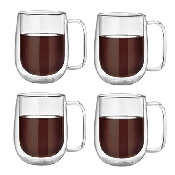 Imagem de Kit 4X Caneca Vidro Duplo Xícara Parede Dupla Café Chá 260Ml