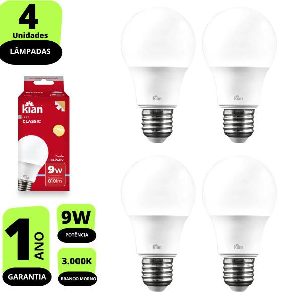 Imagem de Kit 4x Lâmpada Led Bulbo 9w Econômica Branca Morna 3.000k