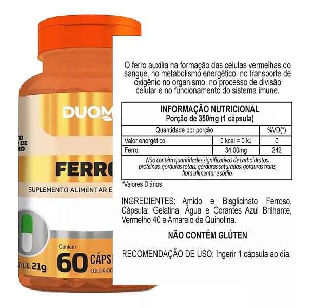 Imagem de Kit 4x Unidades Frascos Ferro FE Suplemento Alimentar Natural Vitamina 100% Original - 240 Capsulas Duom