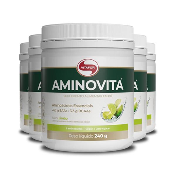 Kit 5 Aminovita Vegano Limão Vitafor 240g Imagem de Kit 5 Aminovita Vegano Limão Vitafor 240g