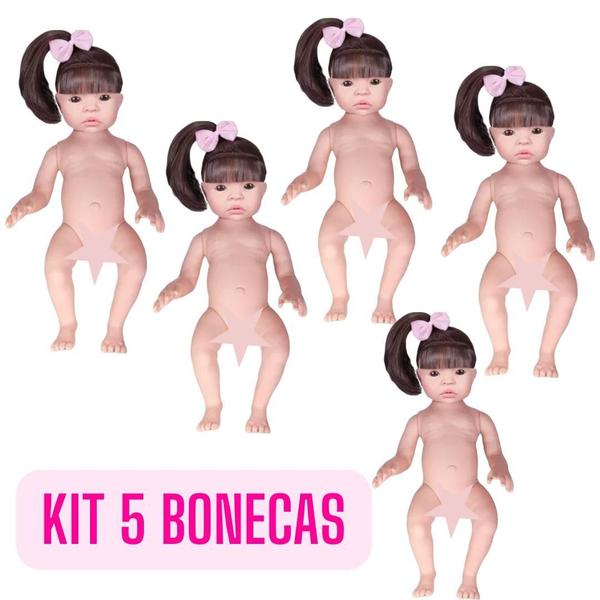 Imagem de Kit 5 Boneca Reborn Nua Cabelo Longo Vinil Siliconado