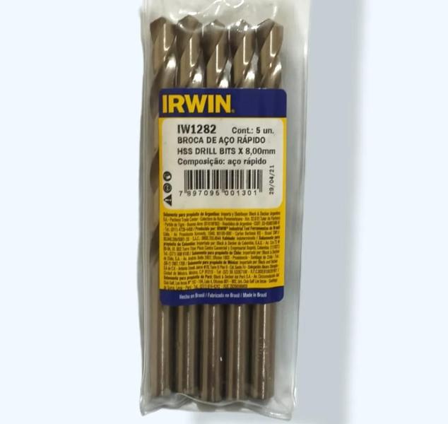 Imagem de Kit 5 Broca Aço Rápido 8mm Metal Iw1282 Prof Irwin Original