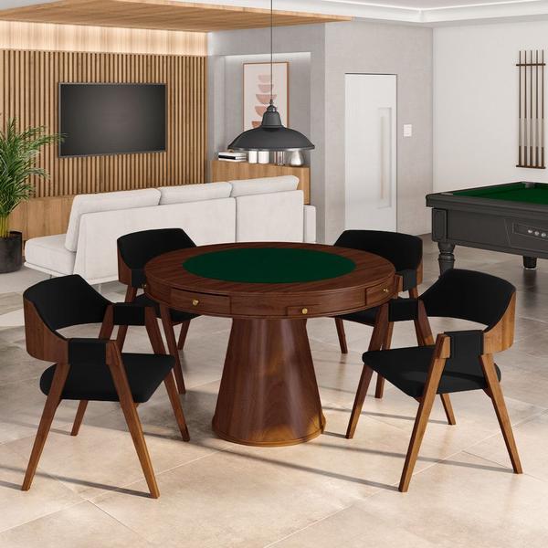 Imagem de Kit 5 Cadeiras Sala de Jantar e Jogos Carteados Madeira Maciça Poker Veludo Preto/Imbuia G42 - Gran Belo