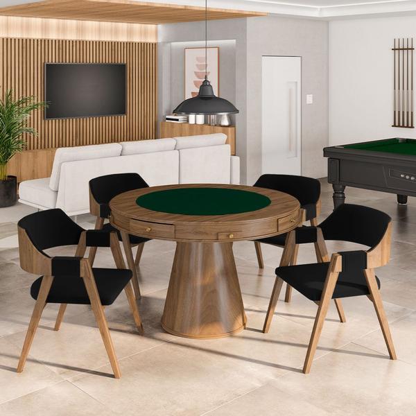 Imagem de Kit 5 Cadeiras Sala de Jantar e Jogos Carteados Madeira Maciça Poker Veludo Preto/Nogueira G42 - Gran Belo