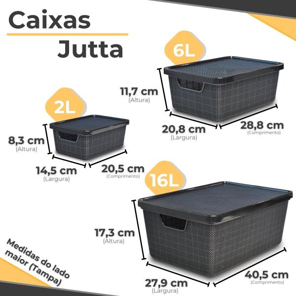 Imagem de Kit 5 Caixa Organizadora 6 Litros Jutta Preta C/ Tampa Cesto Organizador Telado - Arqplast